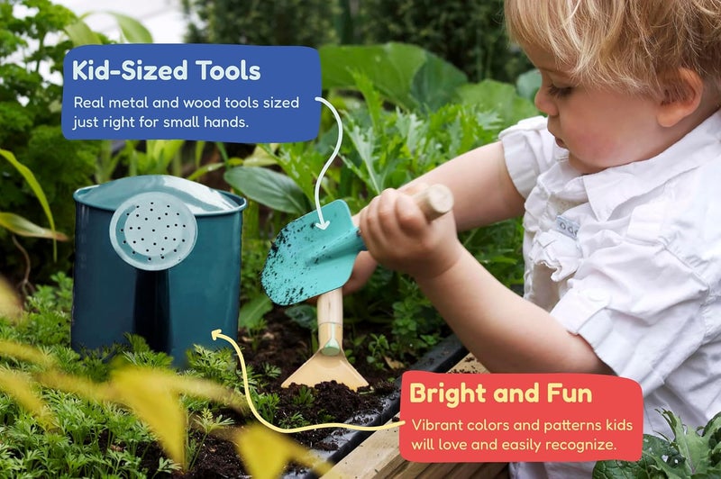 Kinderific Gardening Set, Tool Kit, for Kids, STEM, Includes Tote Bag, Spade, Watering Can, Rake, Fork, Trowel and Gloves (Ocean Blue) - Image 5